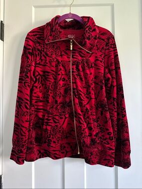 Style & Co. Red and Black Velour Zip Jacket with Floral & Animal Print